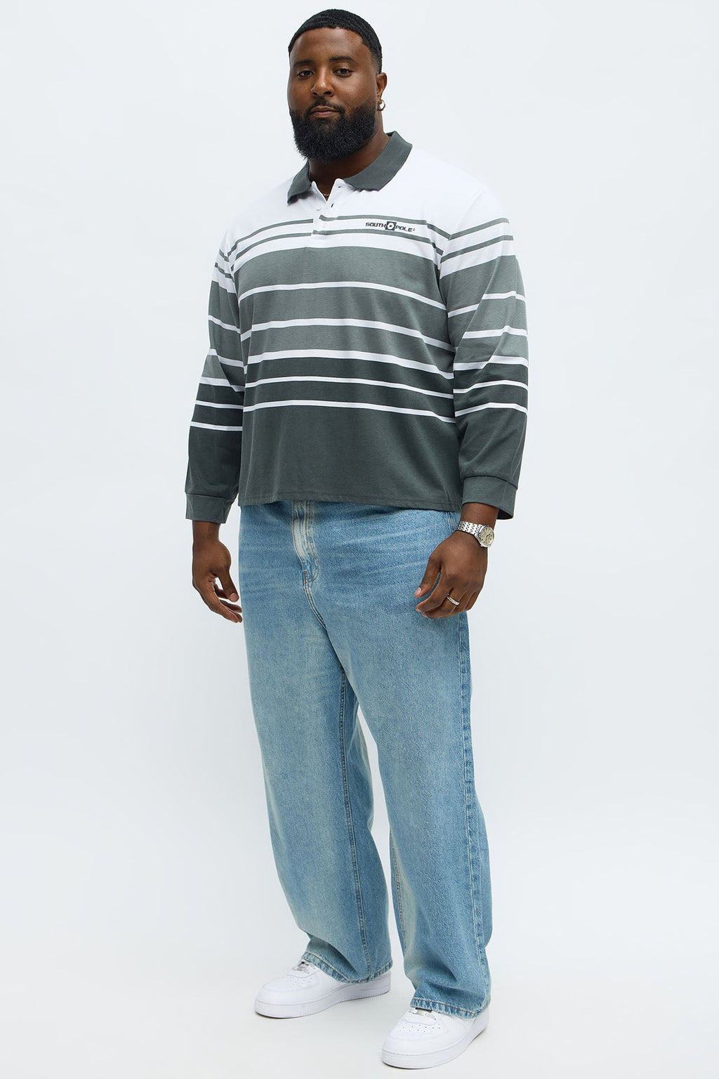 Southpole Long Sleeve Thick To Thin Striped Polo - Grey