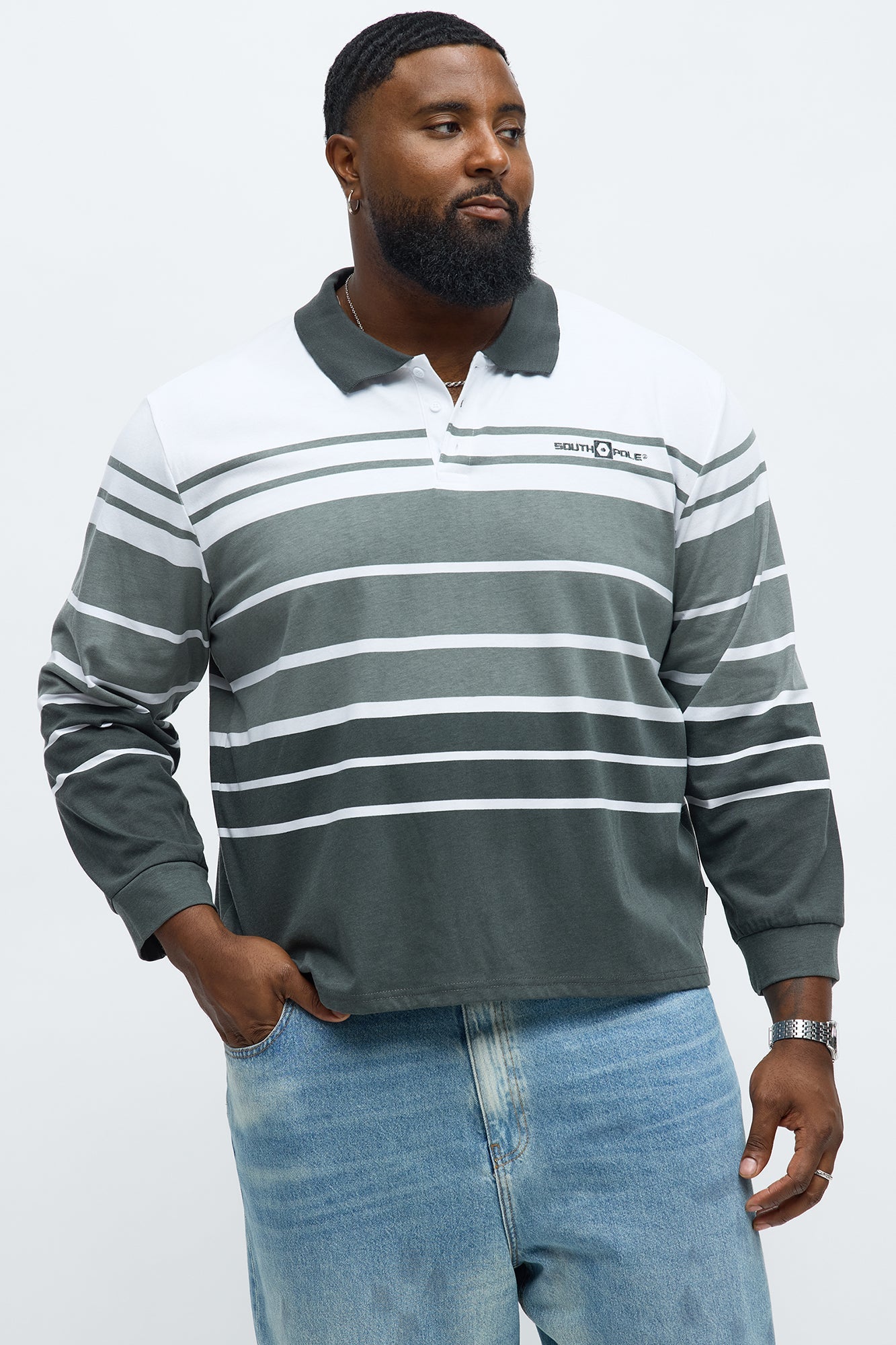 Southpole Long Sleeve Thick To Thin Striped Polo - Grey