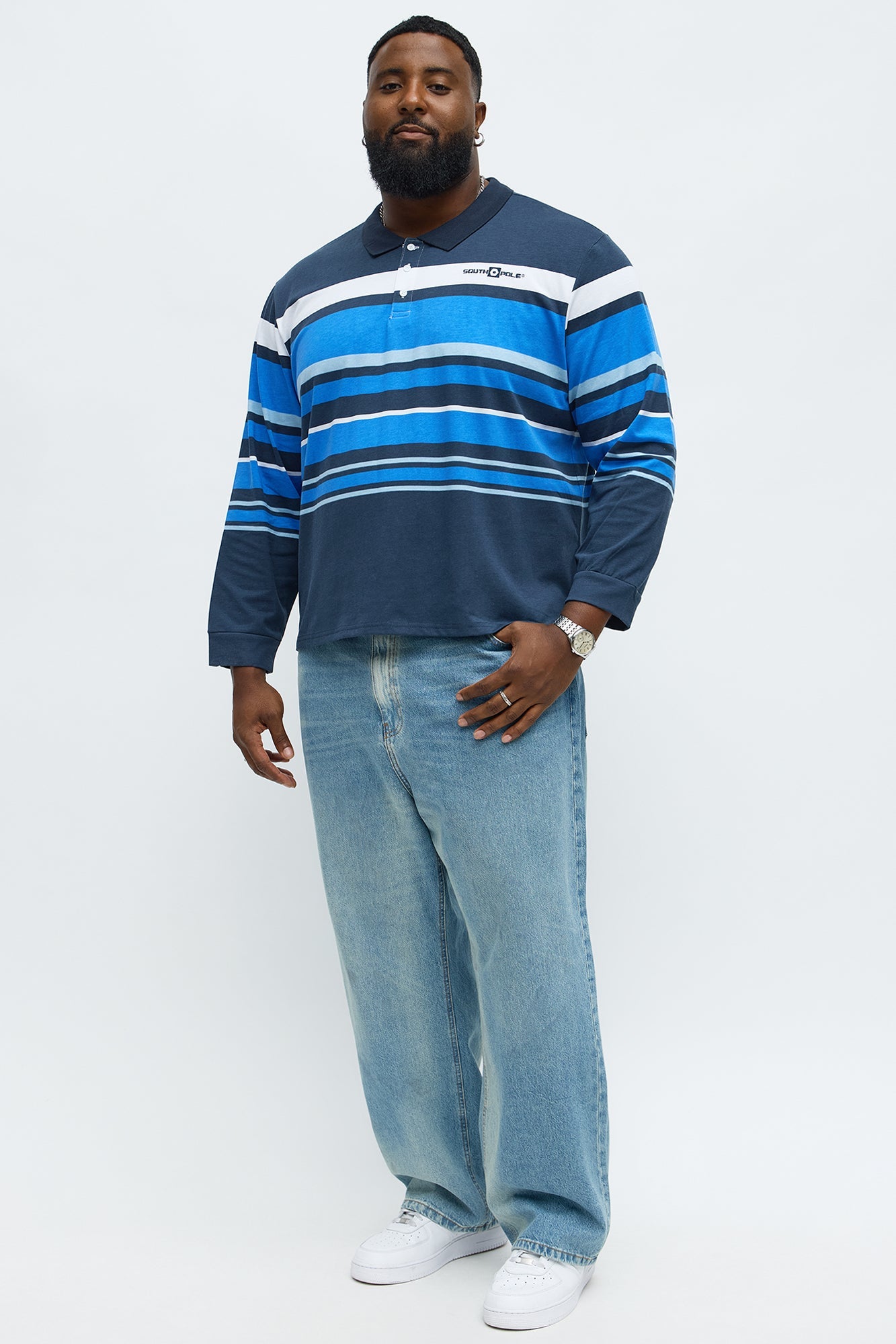 Southpole Long Sleeve Mid Striped Polo - Navy