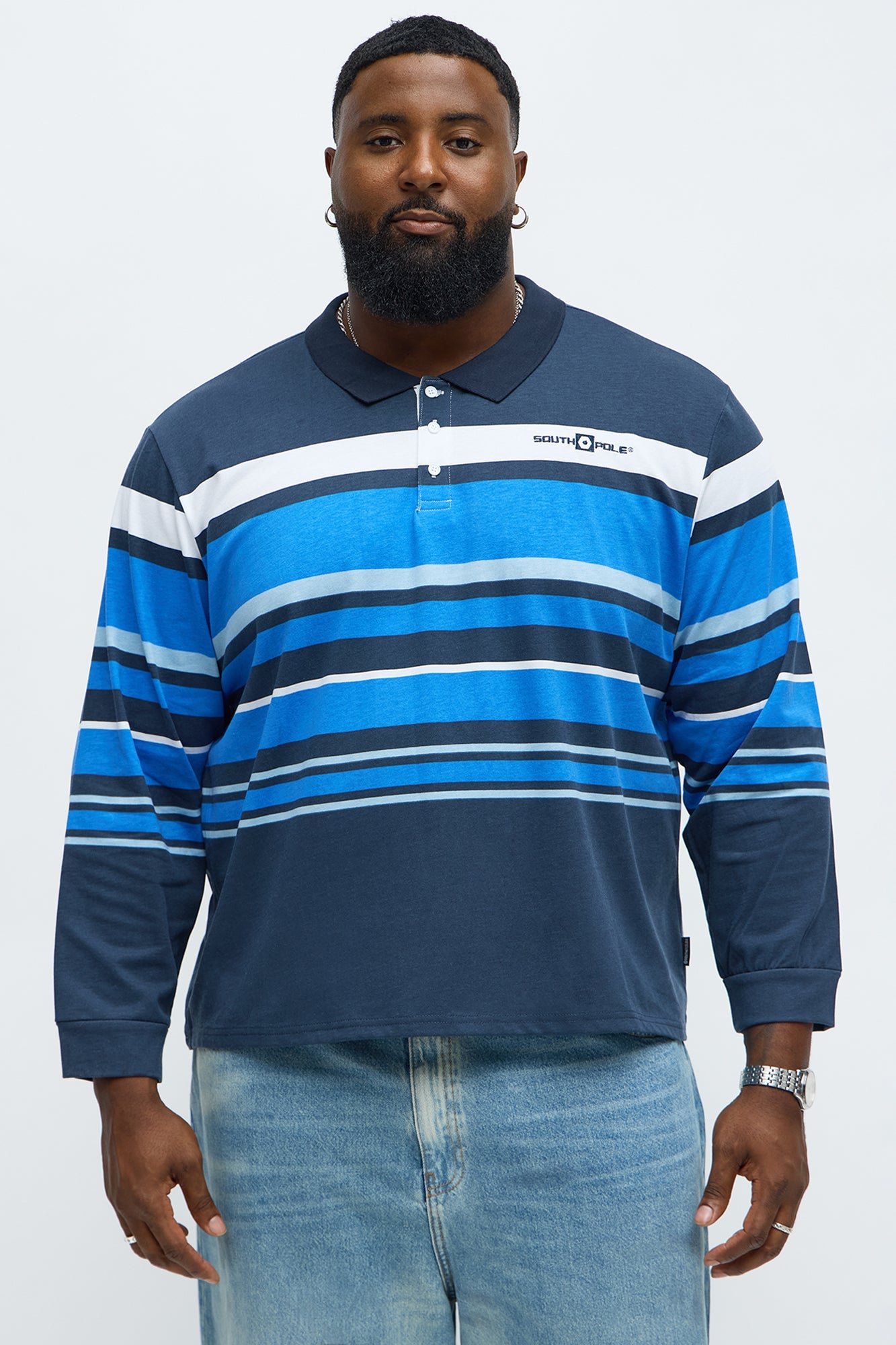 Southpole Long Sleeve Mid Striped Polo - Navy