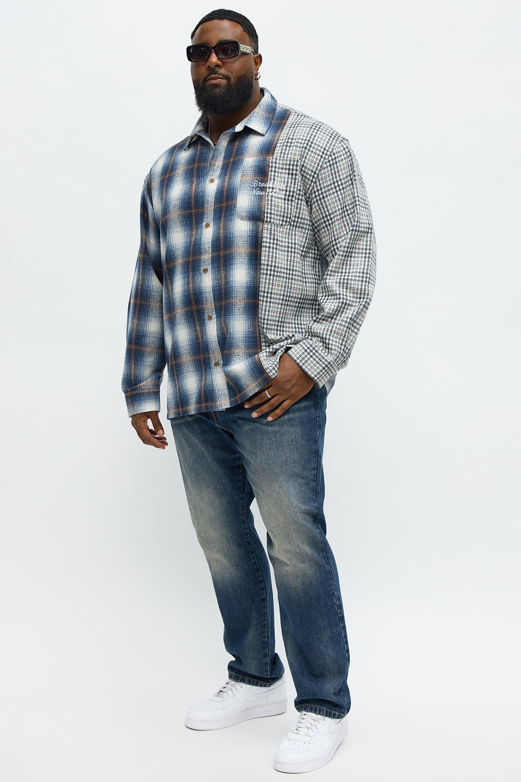 Patchwork Flannel Button Up Shirt - Blue/combo