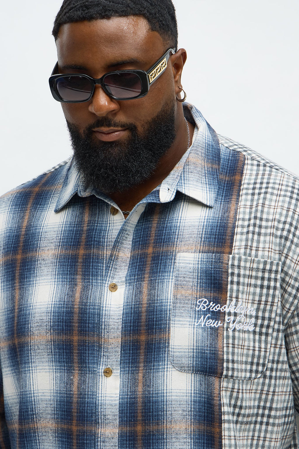 Patchwork Flannel Button Up Shirt - Blue/combo