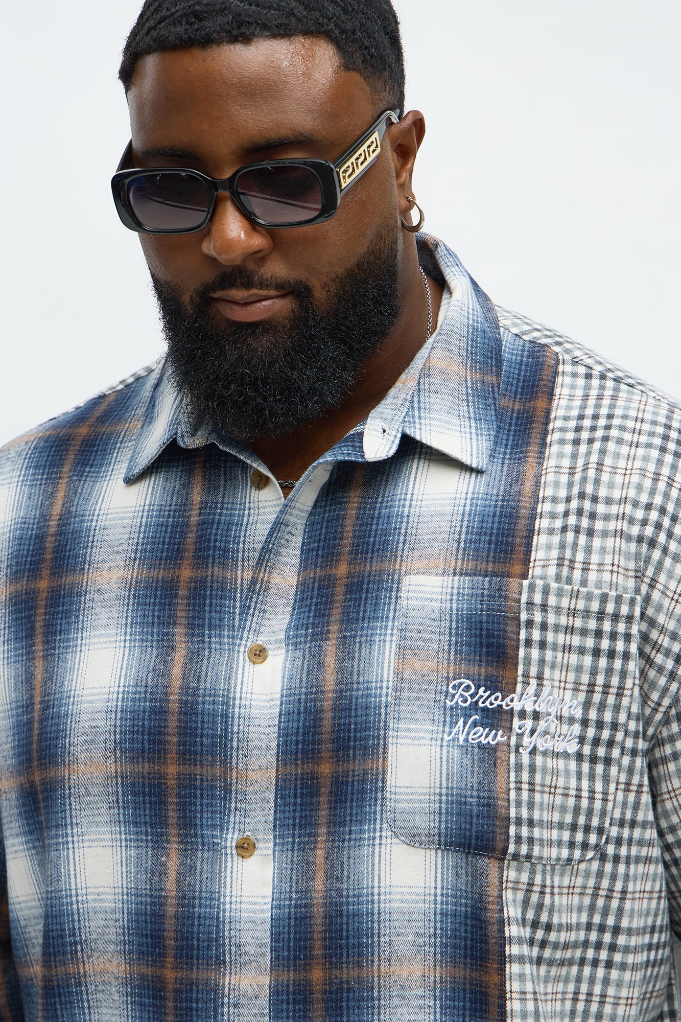 Patchwork Flannel Button Up Shirt - Blue/combo