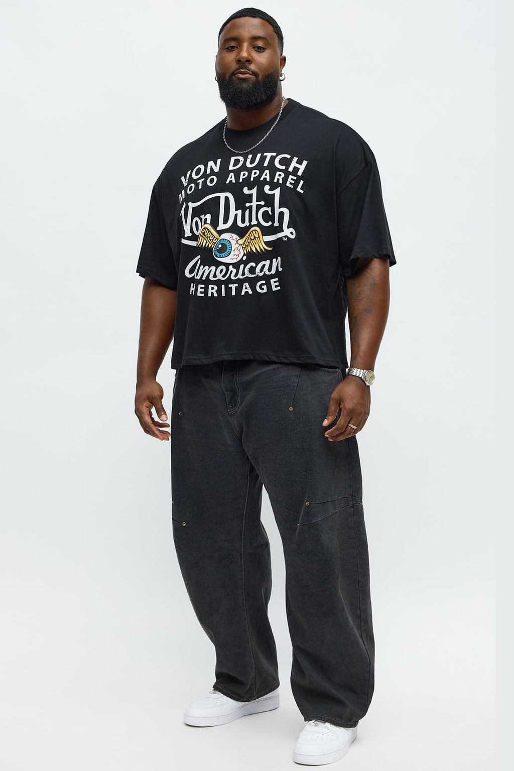 Oversized Cropped Von Dutch Moto Tee - Black
