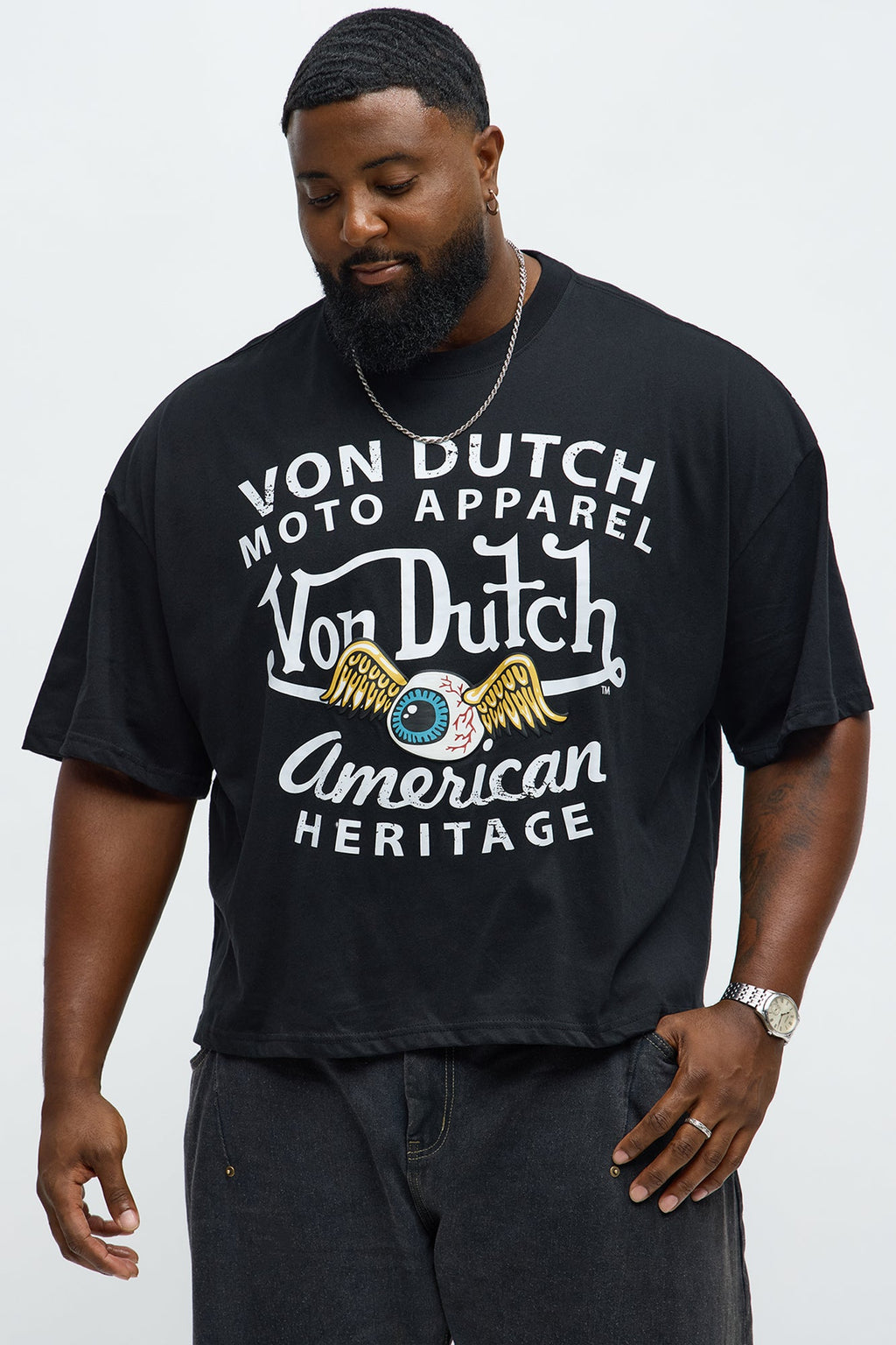 Oversized Cropped Von Dutch Moto Tee - Black