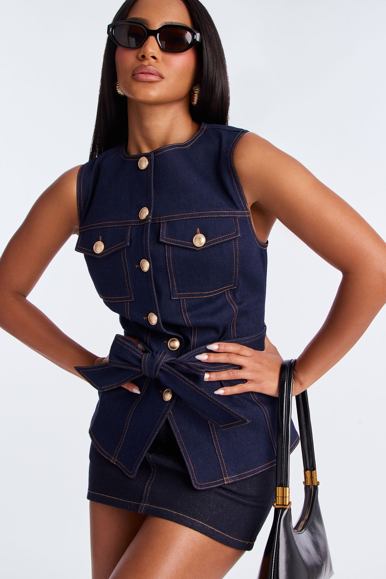 Denim Energy Tie Waist Vest - Dark Wash