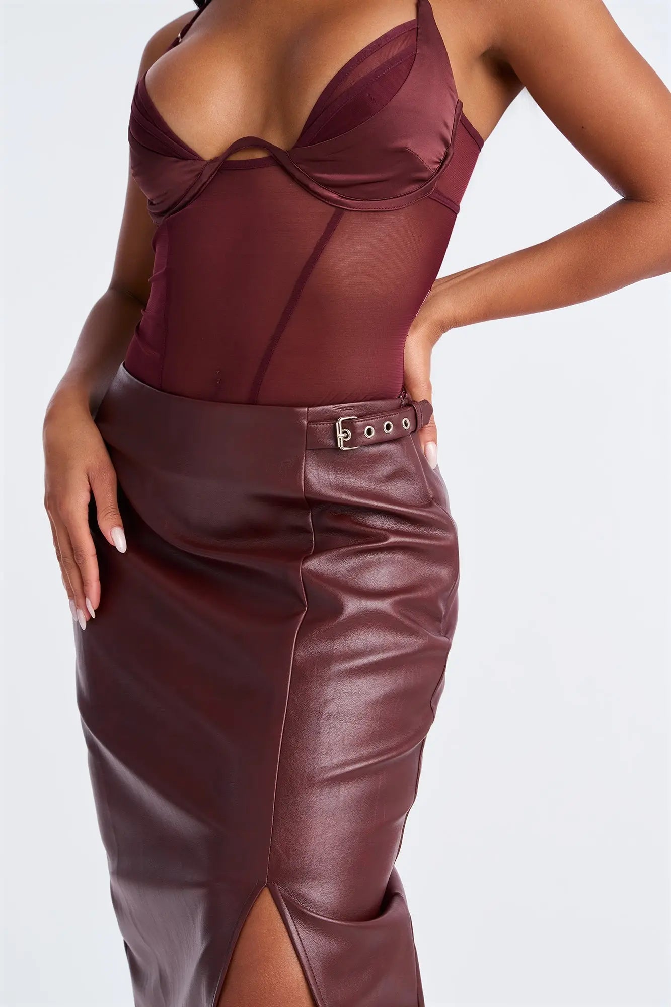 Bad For You Belted Faux Leather Maxi Skirt - Burgundy 