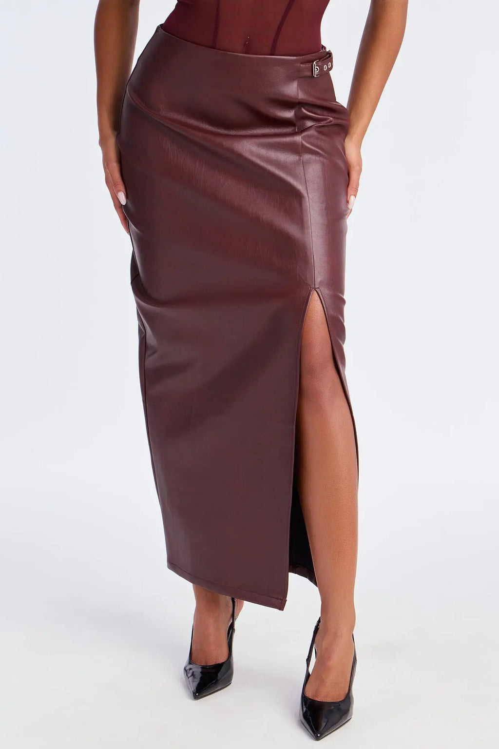 Bad For You Belted Faux Leather Maxi Skirt - Burgundy 