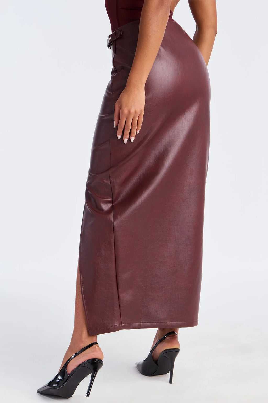 Bad For You Belted Faux Leather Maxi Skirt - Burgundy 