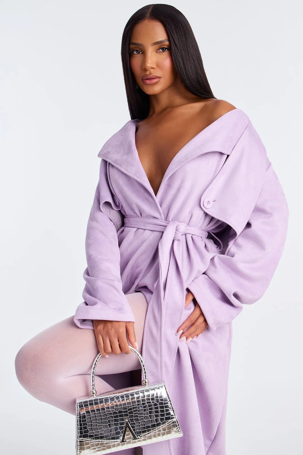 Topic of Conversation Faux Suede Trench Coat - Lavender 