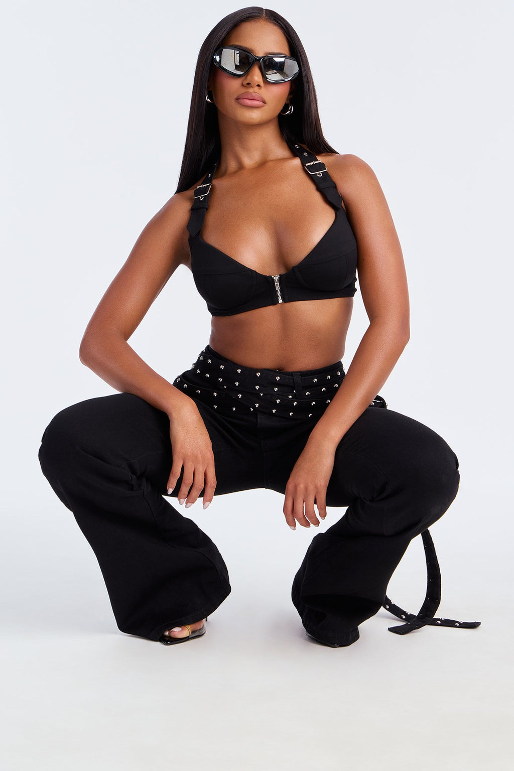 Make A Scene Belted Low Rise Flare Jeans - Black
