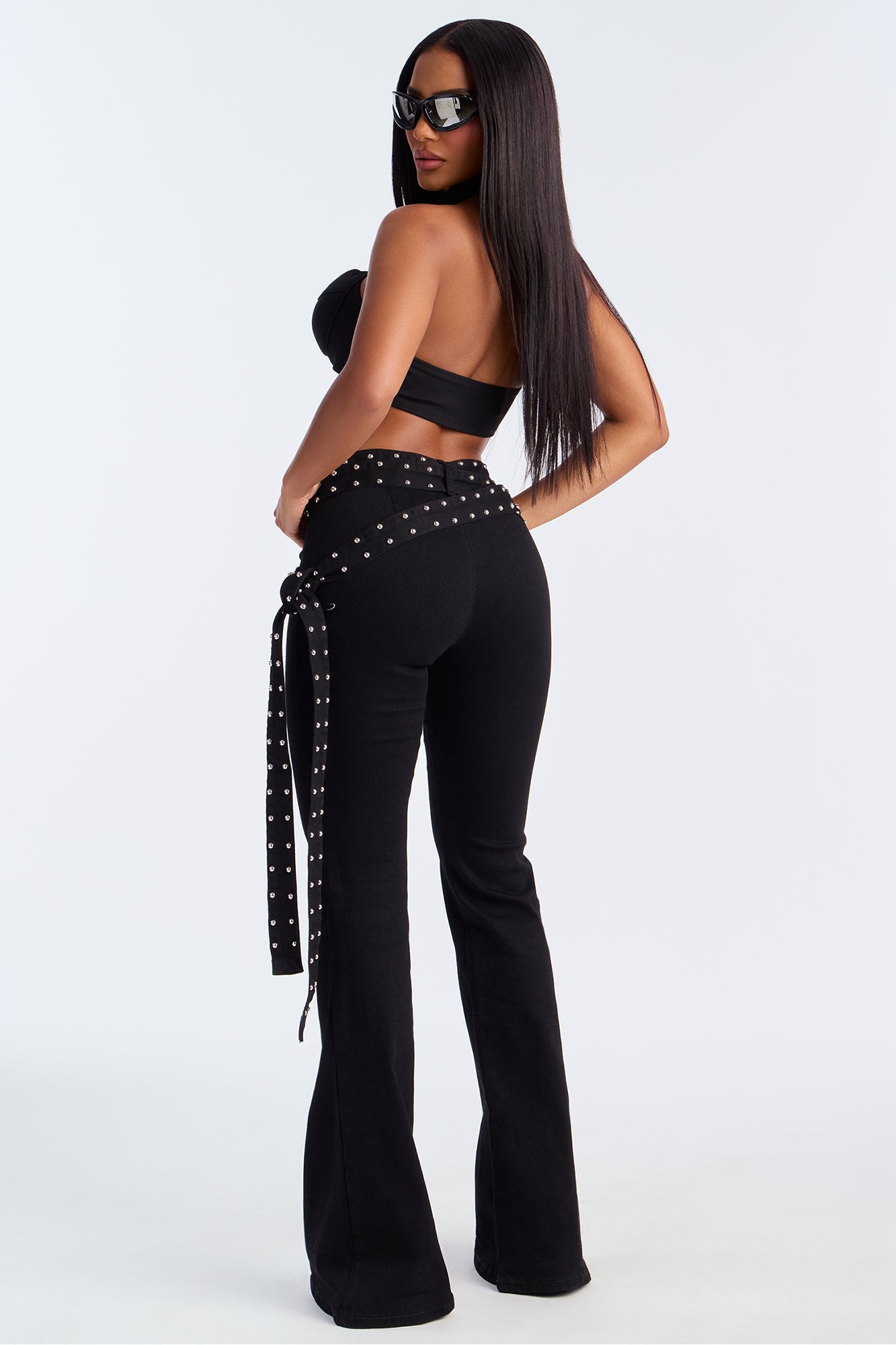 Make A Scene Belted Low Rise Flare Jeans - Black