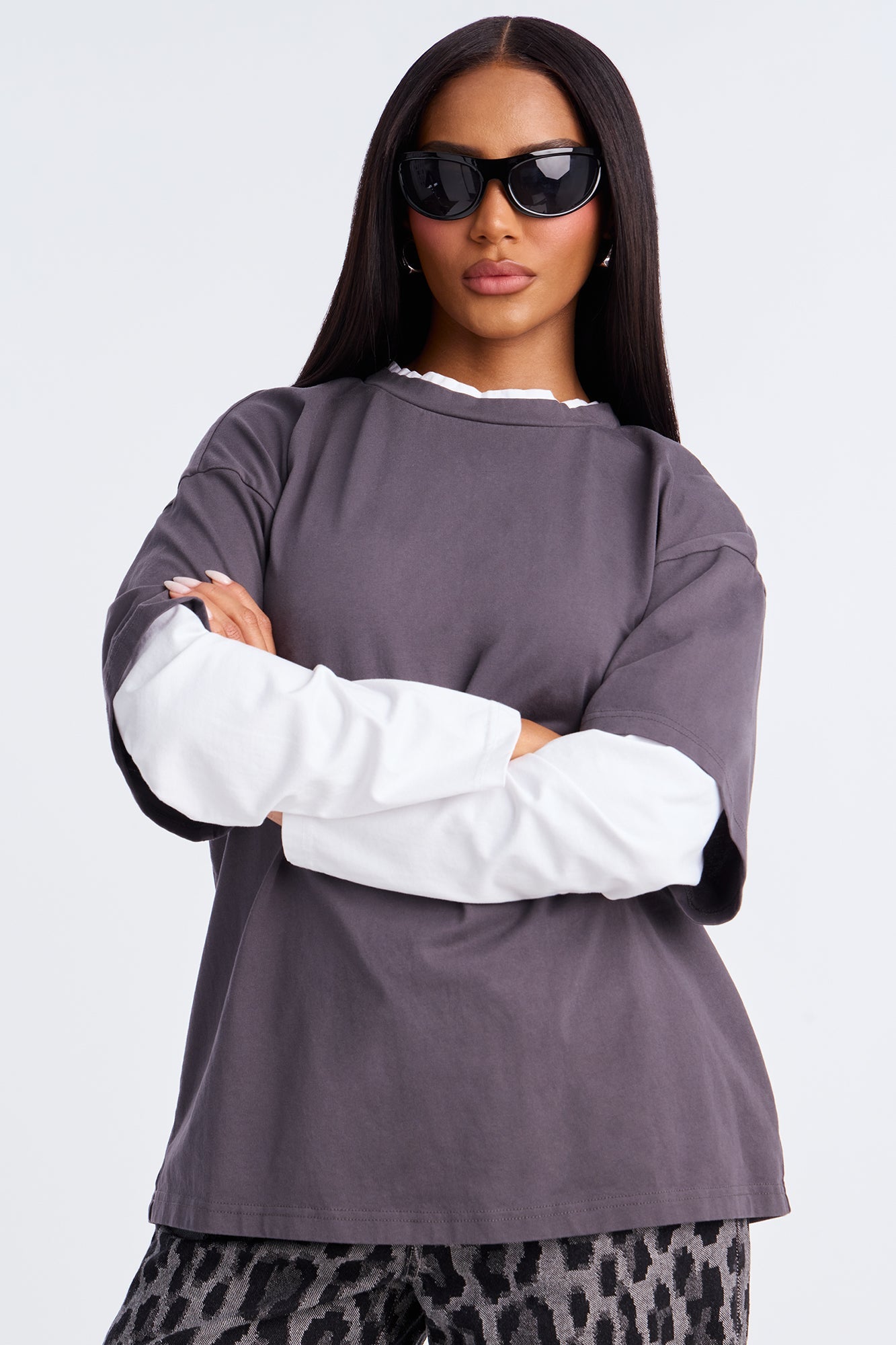 Jane Double Layer Long Sleeve Tshirt - Charcoal/combo