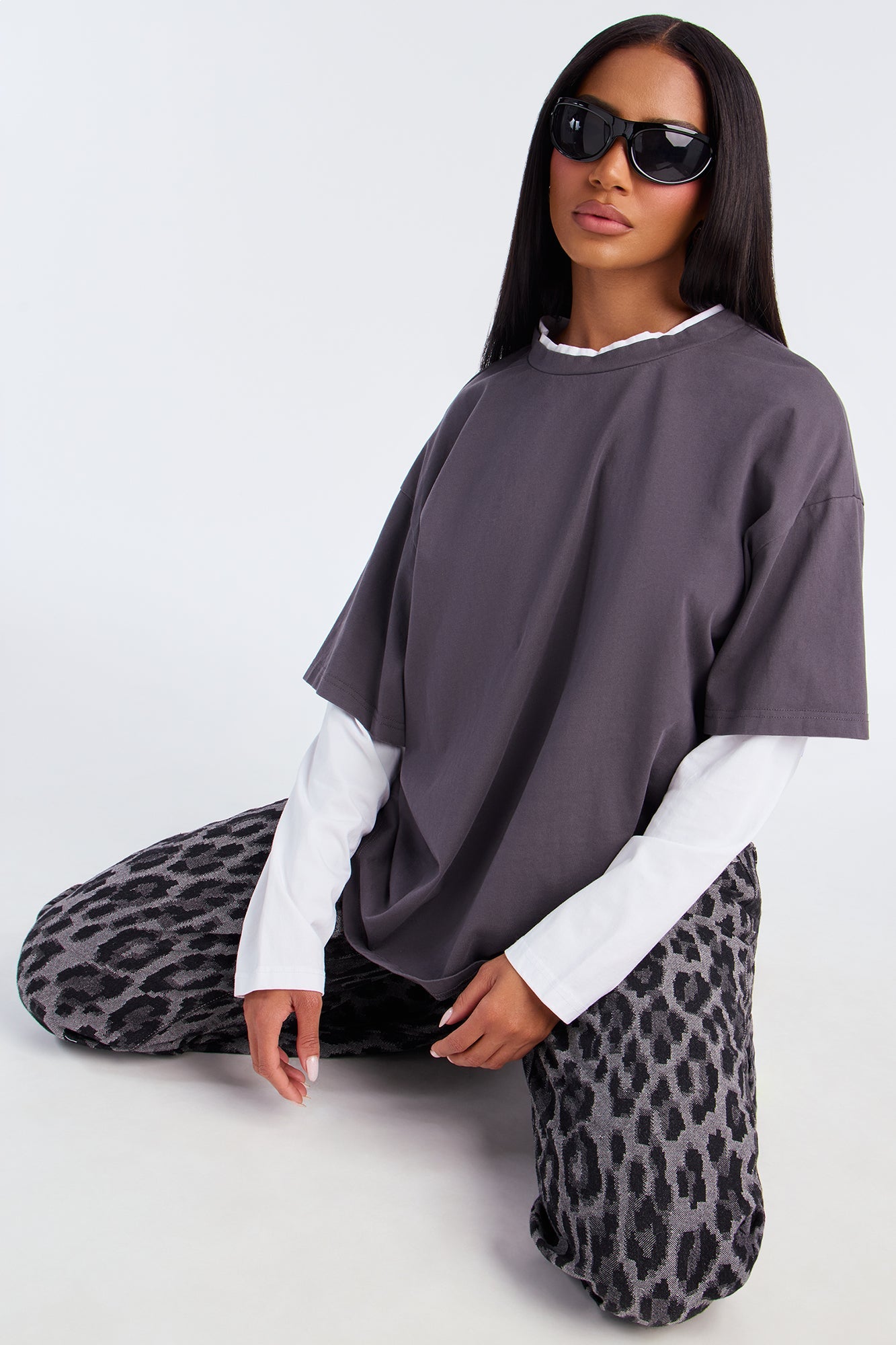 Jane Double Layer Long Sleeve Tshirt - Charcoal/combo