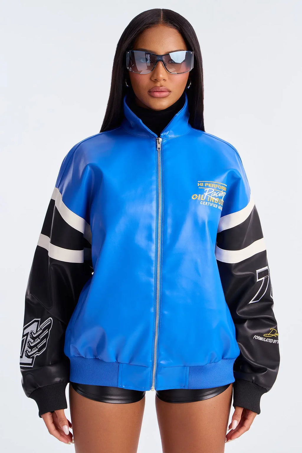 Take The Lead Faux Leather Bomber Jacket - Royal/combo 