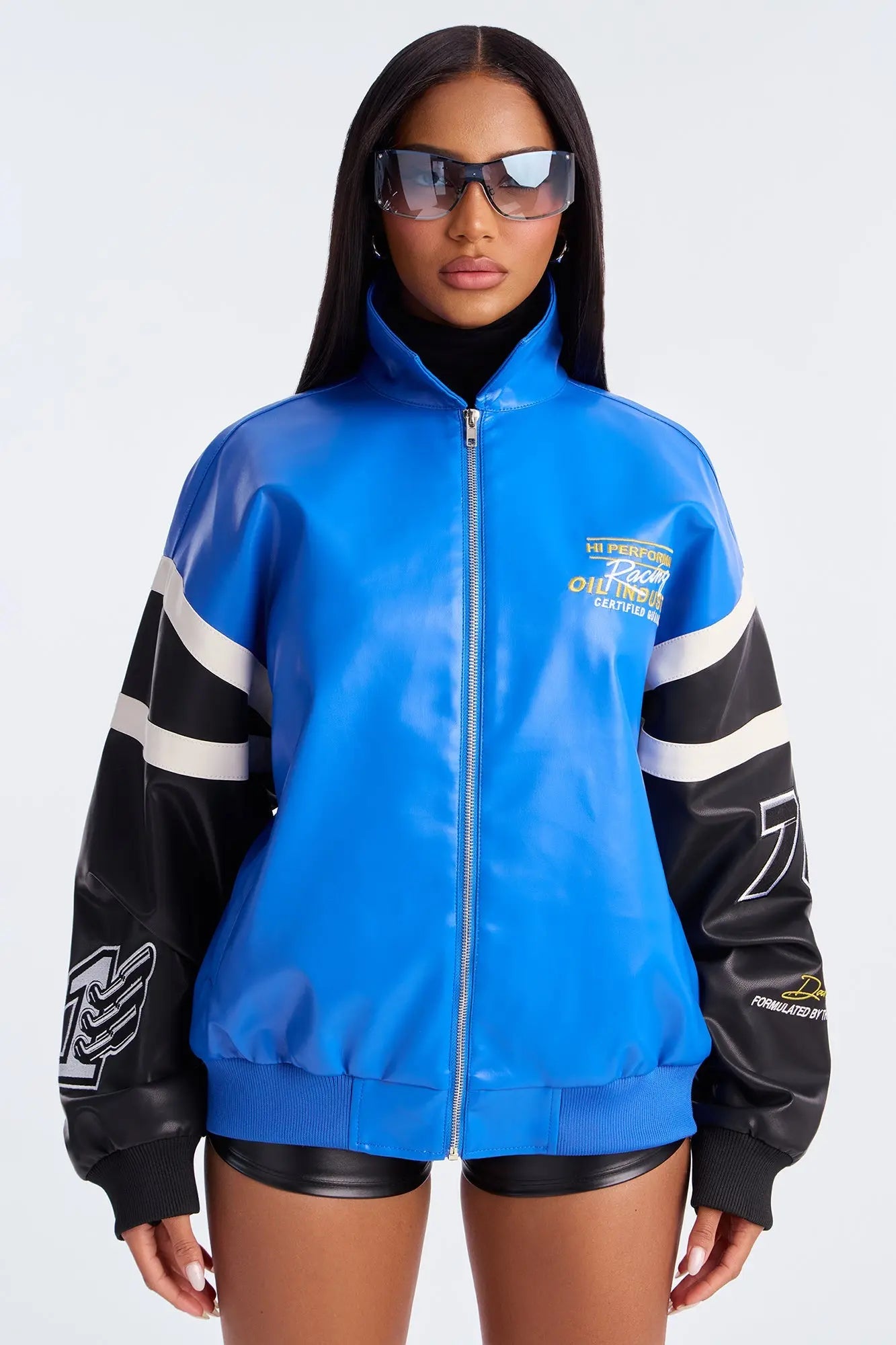Take The Lead Faux Leather Bomber Jacket - Royal/combo 