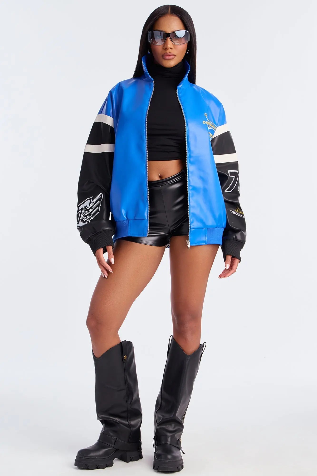 Take The Lead Faux Leather Bomber Jacket - Royal/combo 