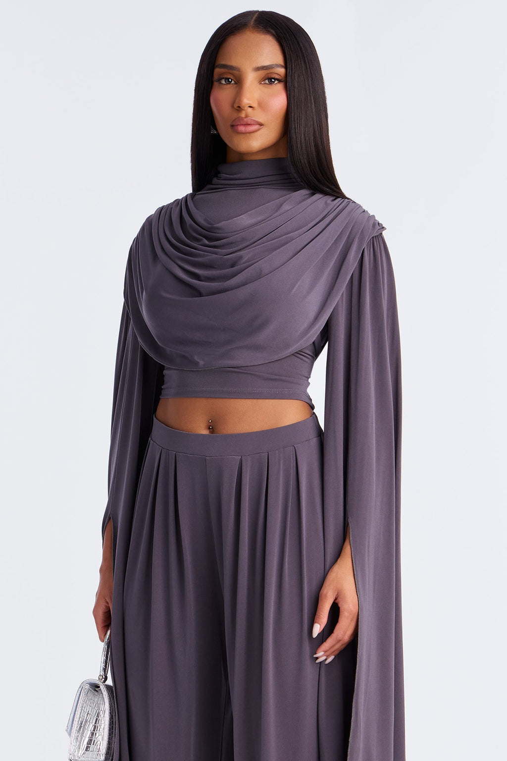 Gemma Draped Wide Leg Pant Set - Charcoal