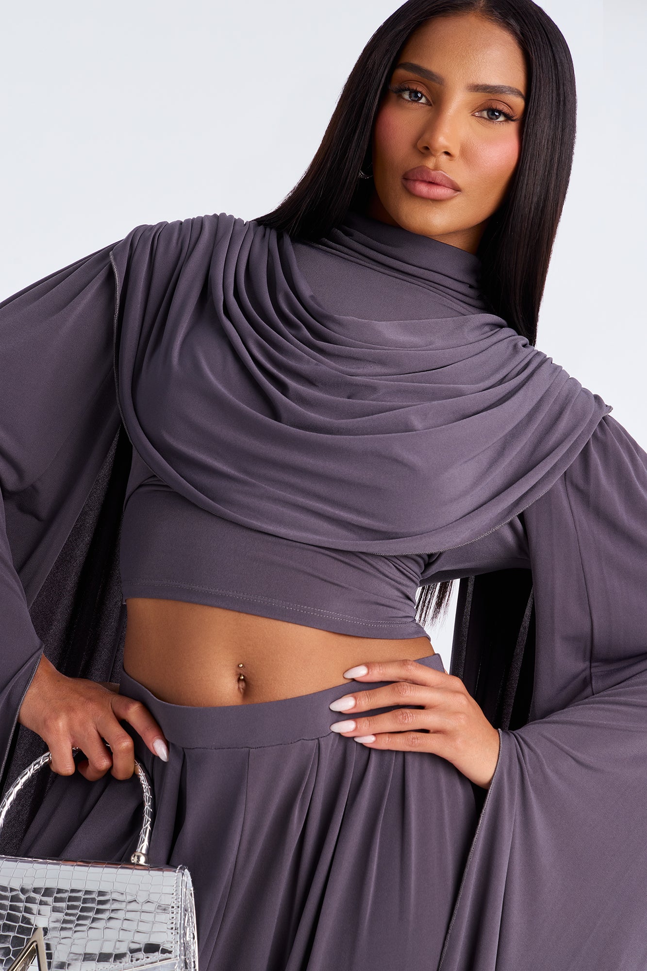 Gemma Draped Wide Leg Pant Set - Charcoal
