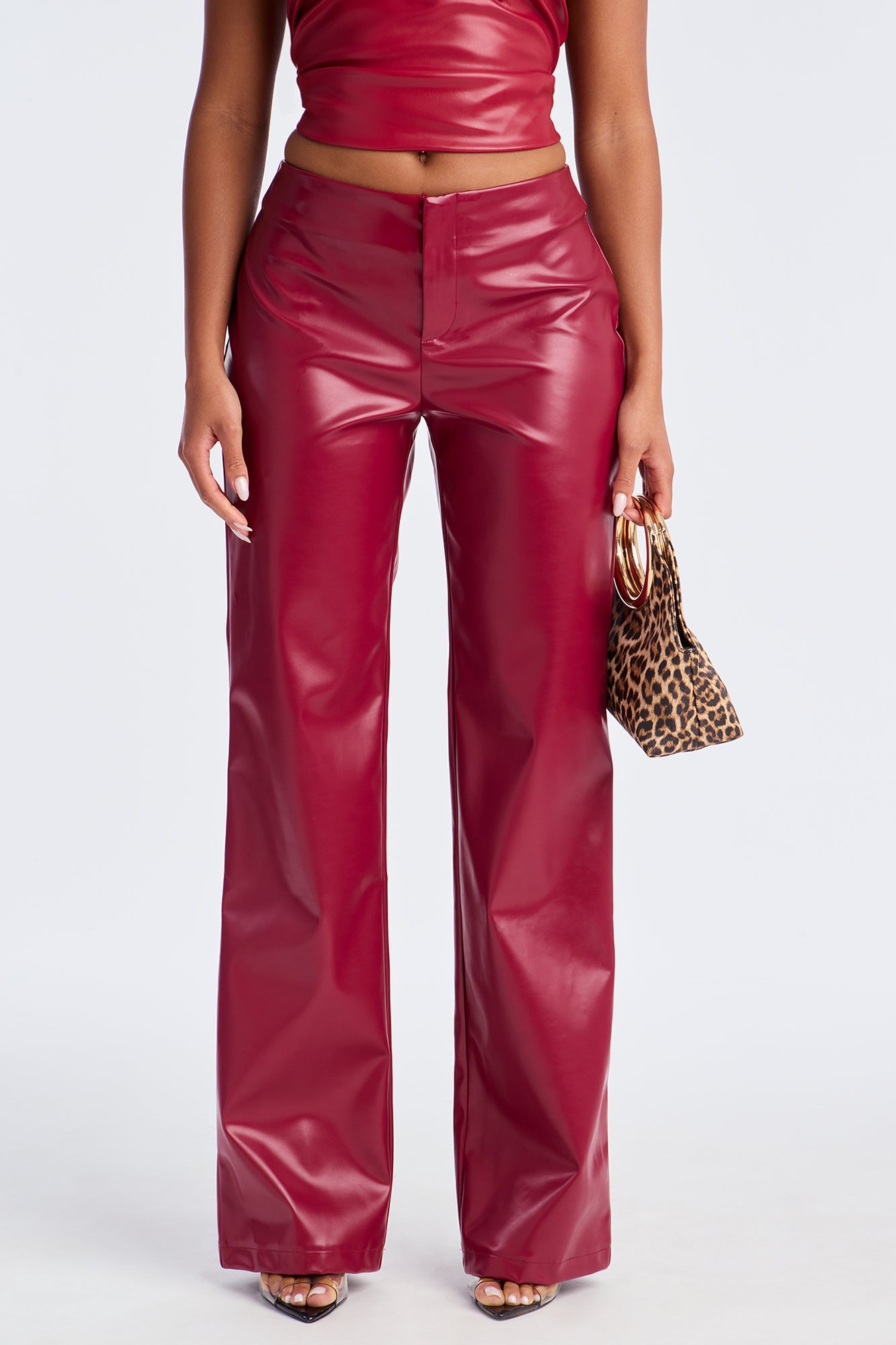 Monica Low Rise Faux Leather Pant 32″ - Red 