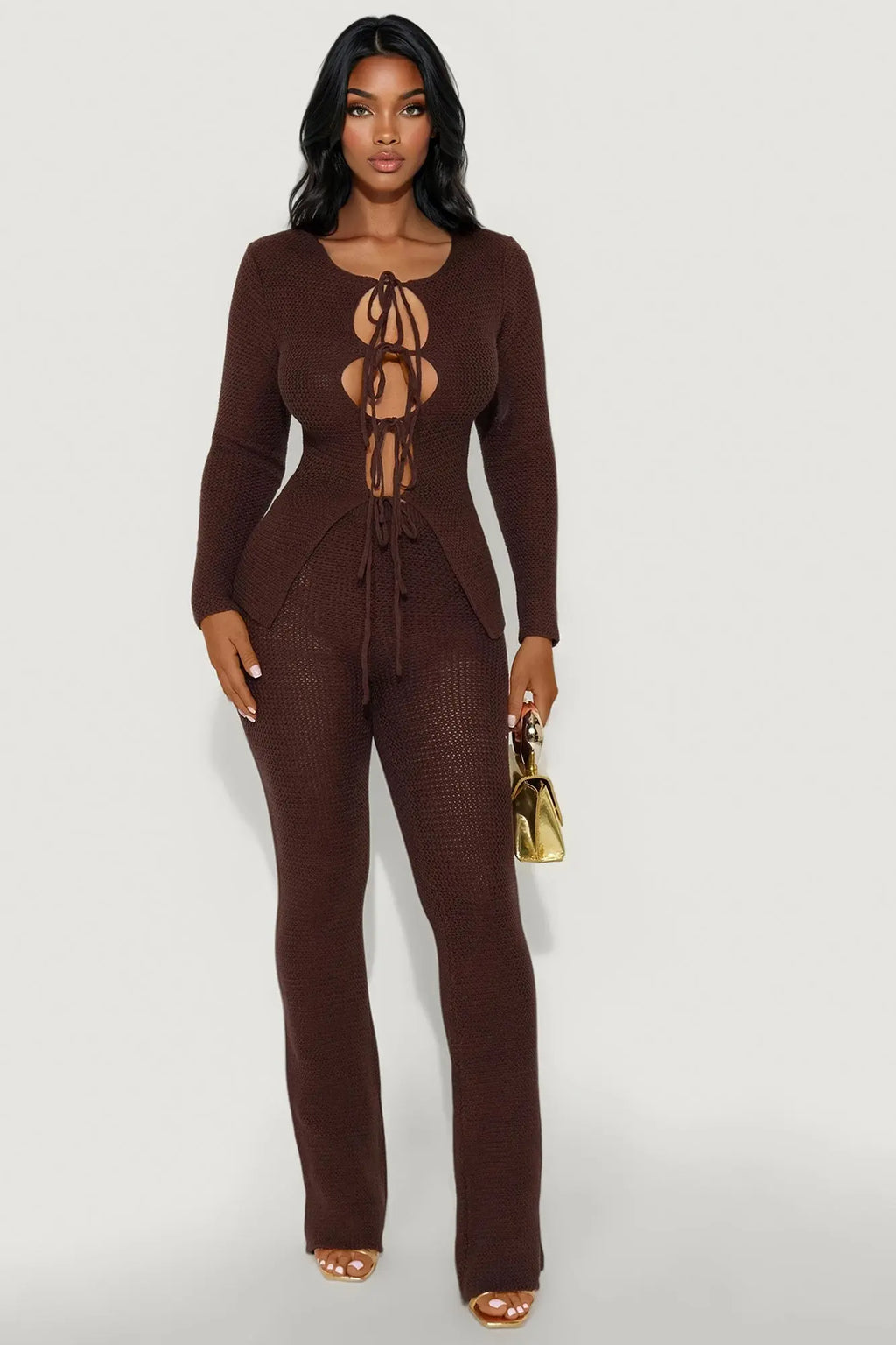 Annabelle Sweater Cardigan Pant Set - Chocolate 
