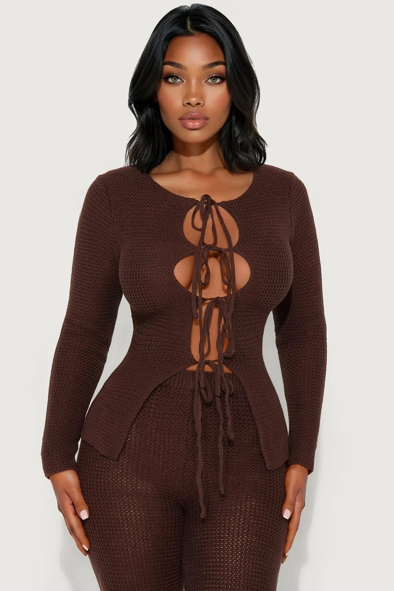Annabelle Sweater Cardigan Pant Set - Chocolate 