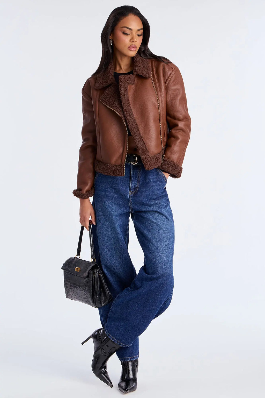 Charisma Faux Leather Shearling Jacket - Brown 
