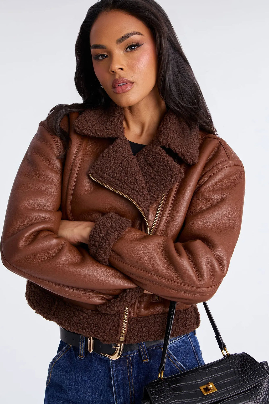 Charisma Faux Leather Shearling Jacket - Brown 