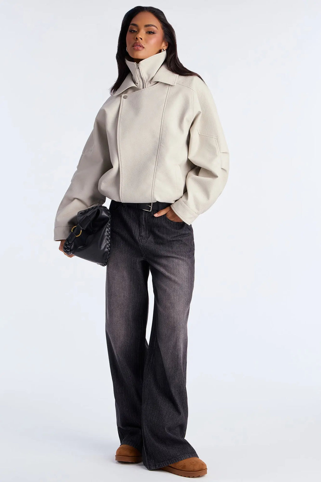 Harlem Faux Leather Moto Jacket - Stone 