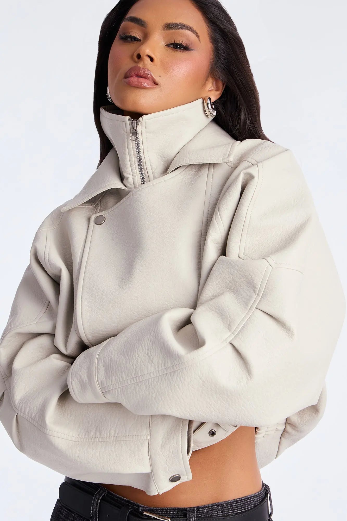 Harlem Faux Leather Moto Jacket - Stone 