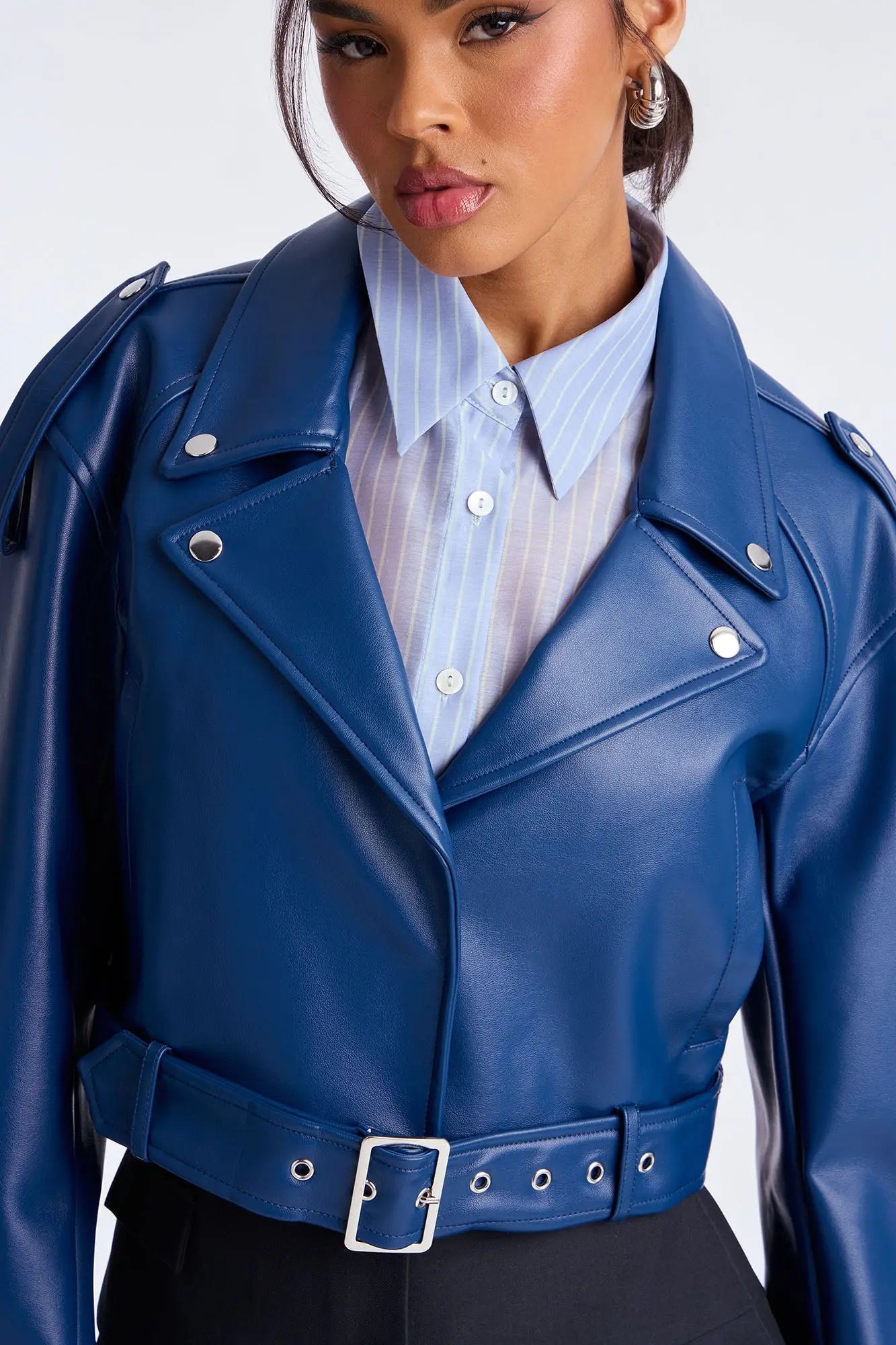 Fast Lane Faux Leather Moto Jacket - Blue 
