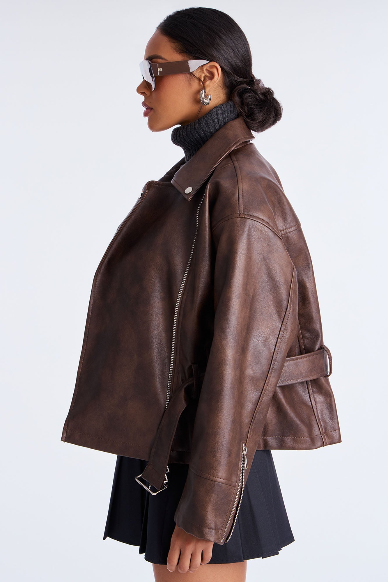 Kenny Washed Faux Leather Moto Jacket - Brown