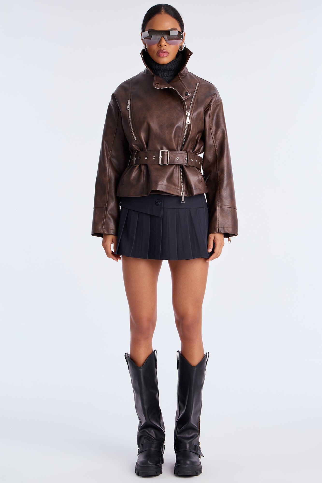 Kenny Washed Faux Leather Moto Jacket - Brown