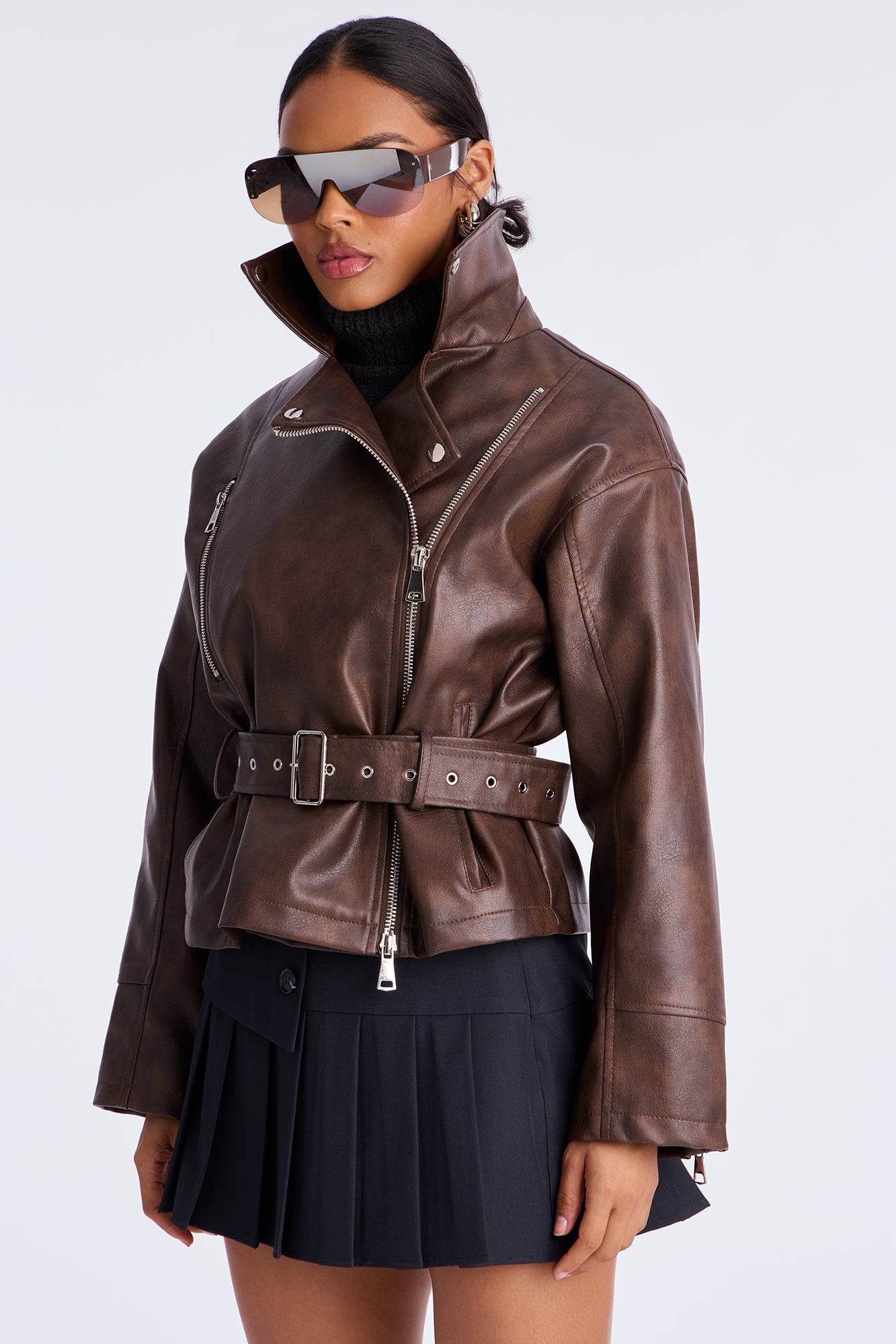 Kenny Washed Faux Leather Moto Jacket - Brown