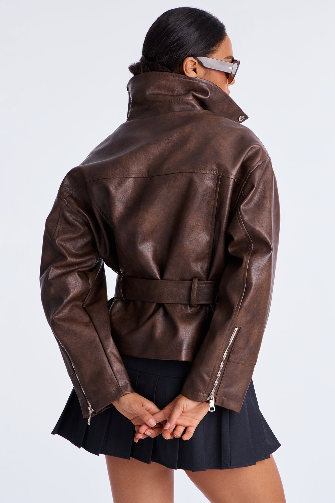 Kenny Washed Faux Leather Moto Jacket - Brown