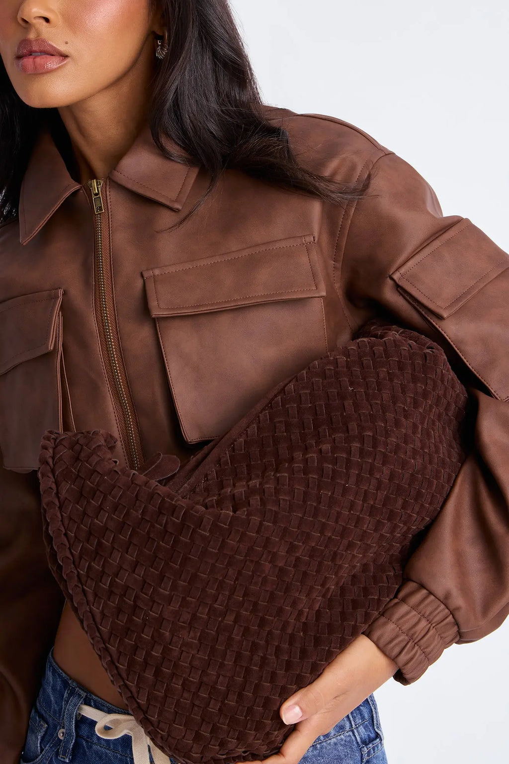 Georgie Cropped Faux Leather Bomber Jacket - Brown 