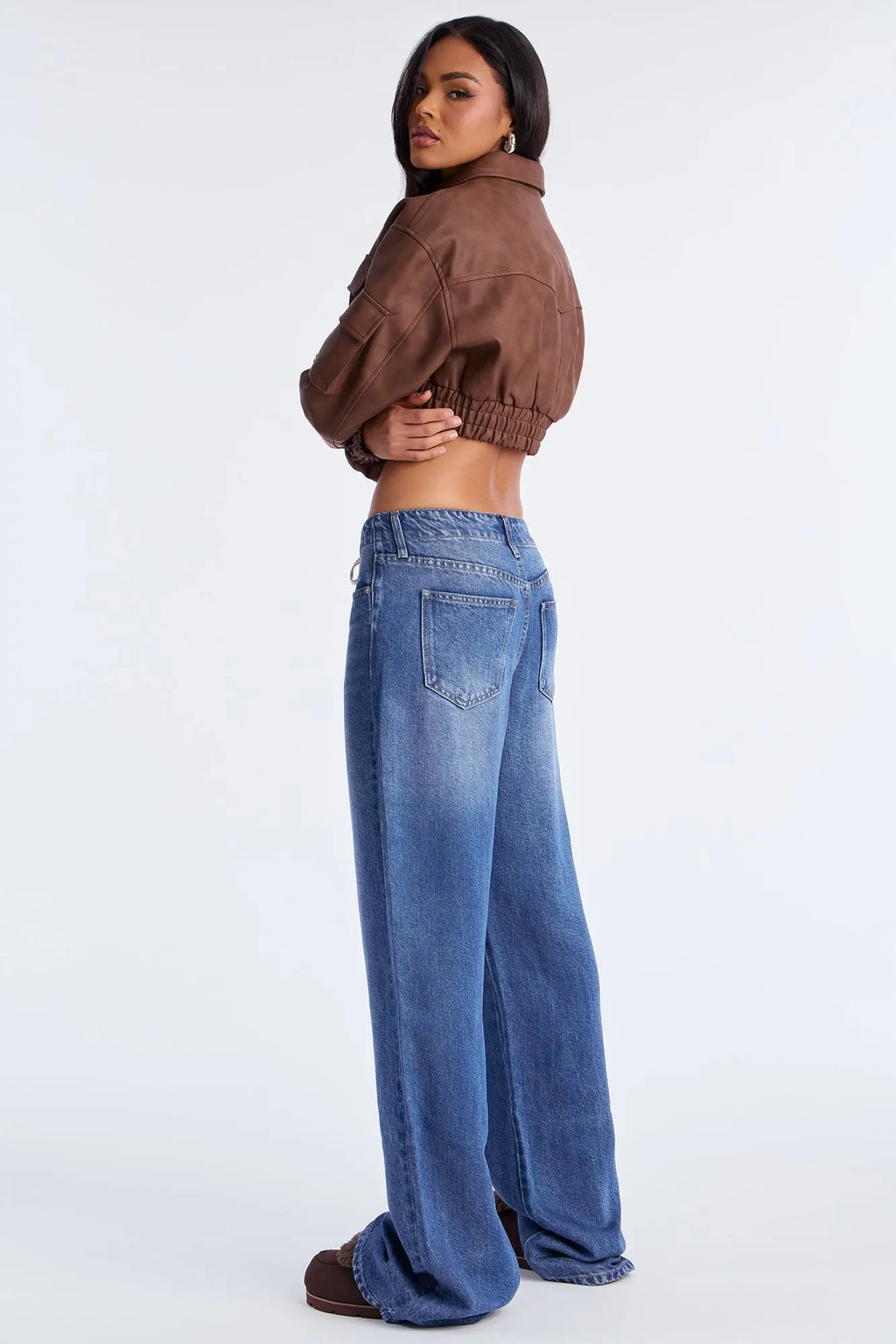 Georgie Cropped Faux Leather Bomber Jacket - Brown 