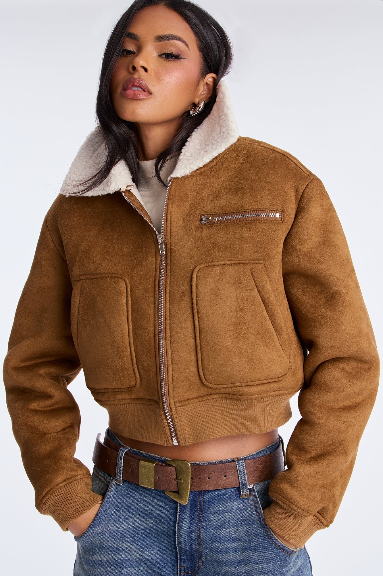 Jasmine Faux Suede Bomber Jacket - Camel
