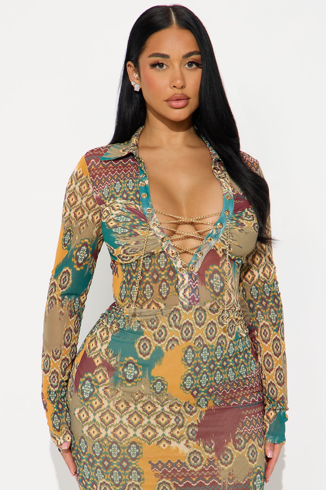 Amira Lace Up Mesh Midi Dress - Brown/combo