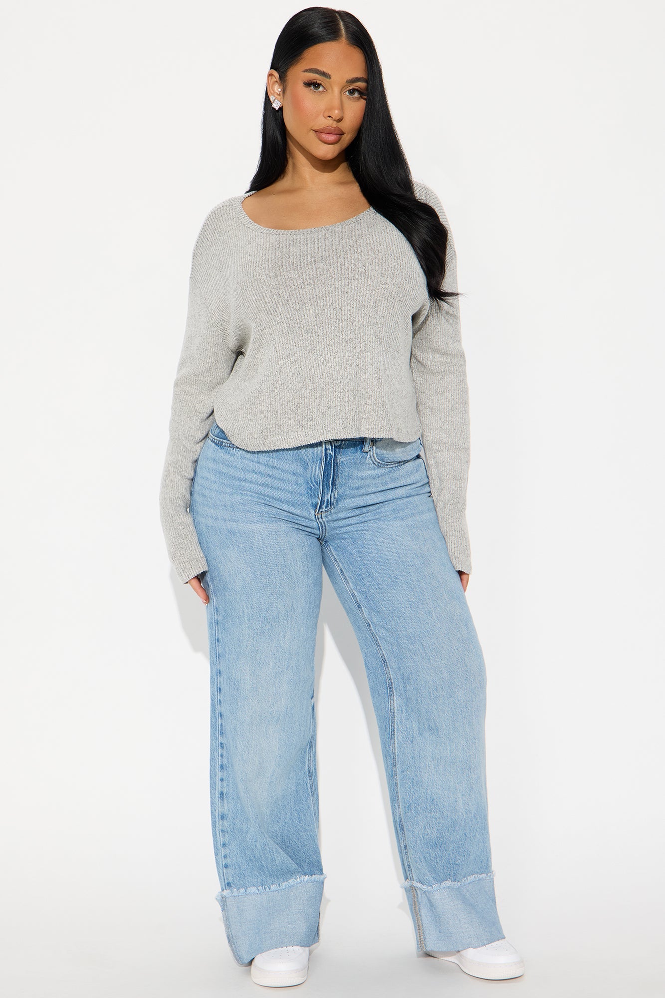 Odette Crew Neck Hacci Long Sleeve Top - Heather Grey