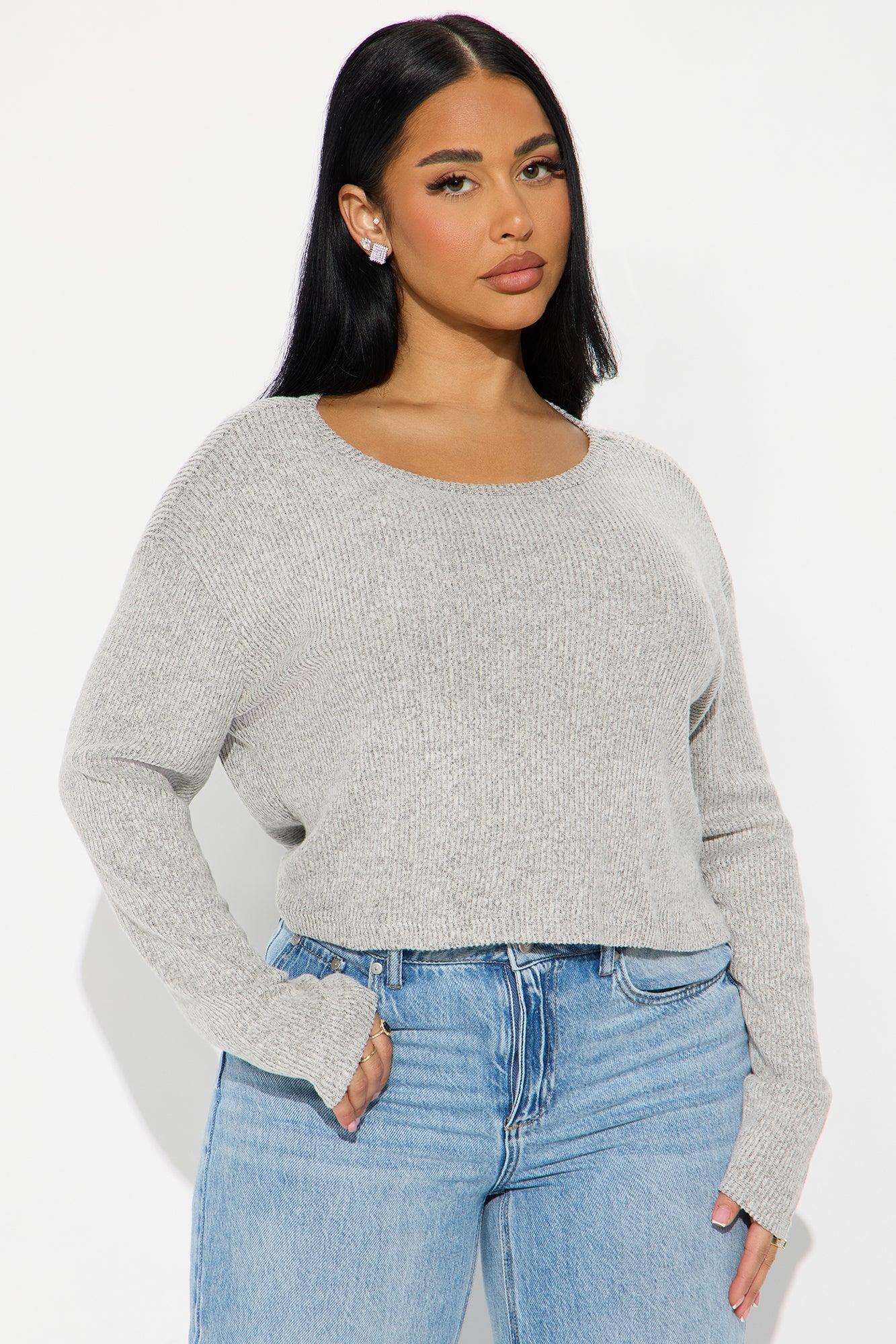 Odette Crew Neck Hacci Long Sleeve Top - Heather Grey