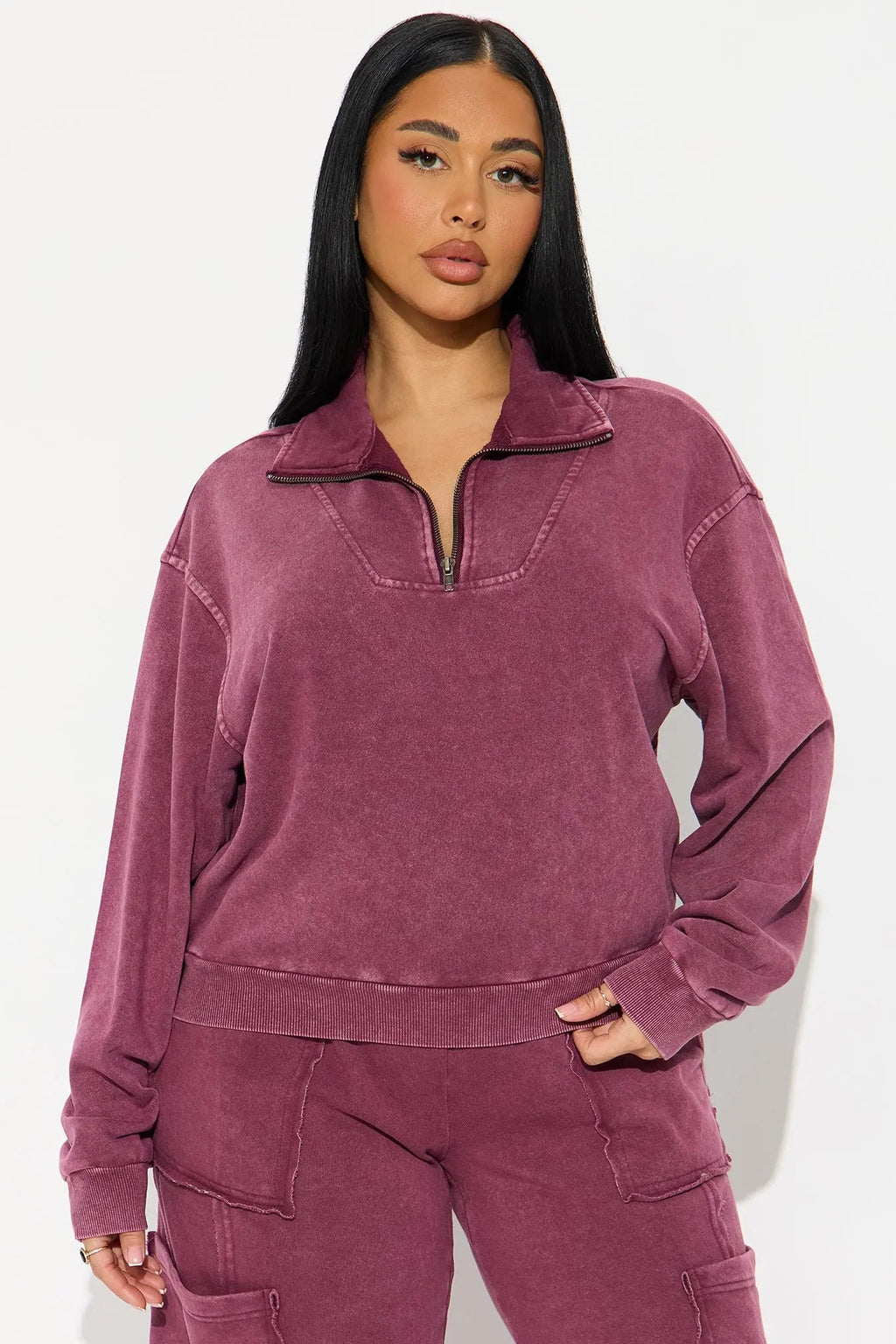 Come And Go Quarter Zip Washed Pant Set - Burgundy 