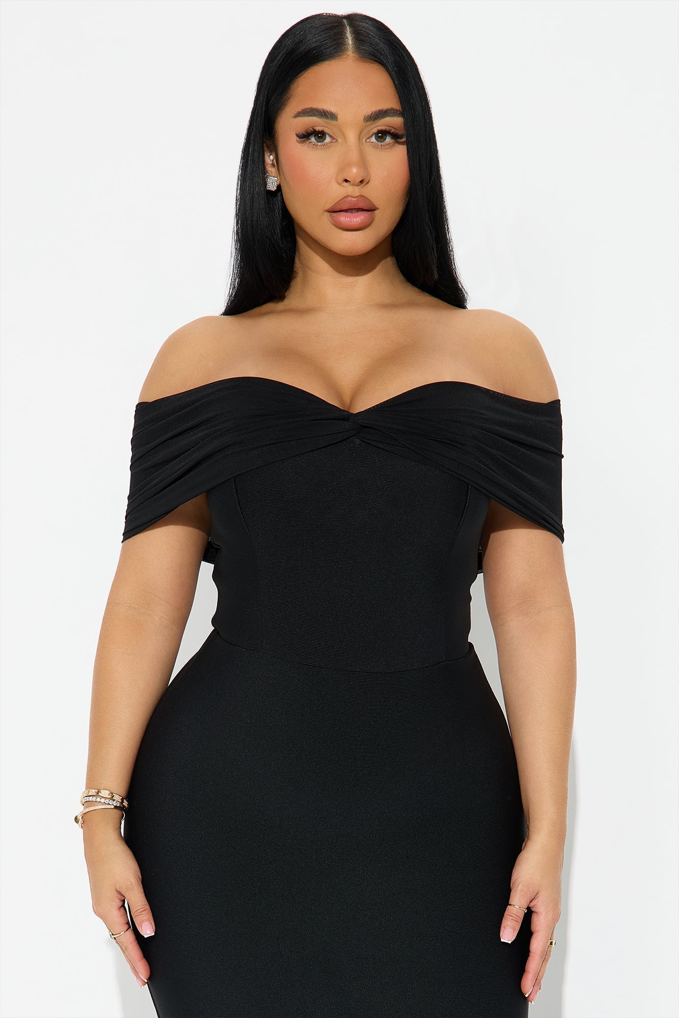 Isadora Off Shoulder Bandage Midi Dress - Black