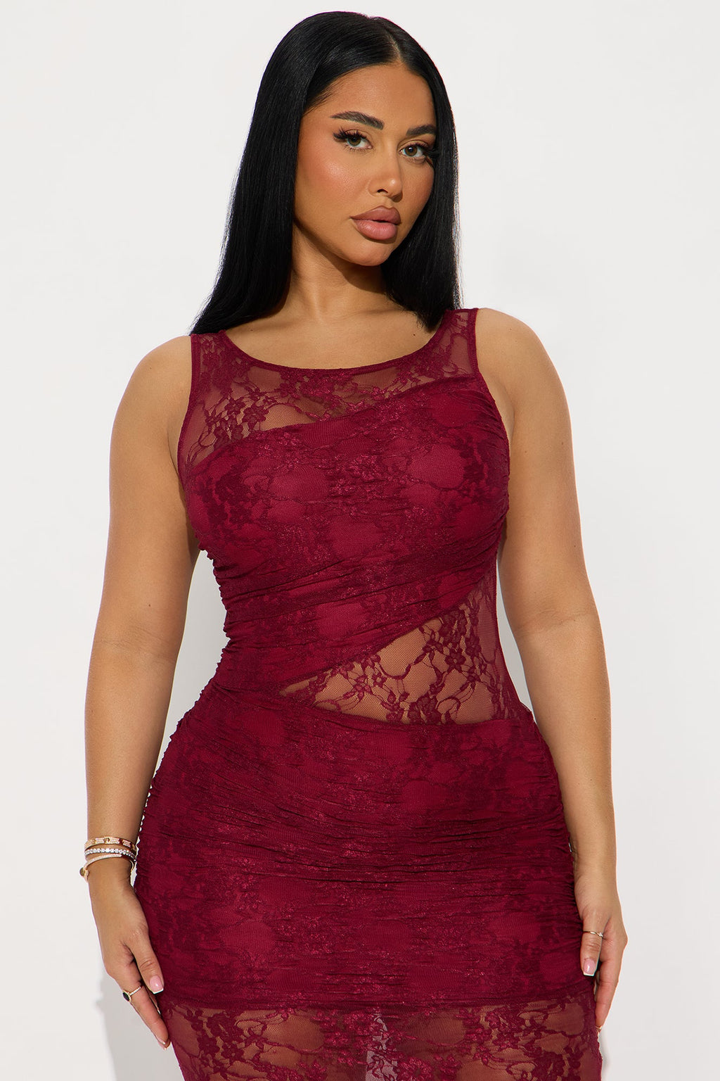 Barely There Sheer Lace Maxi Dress - Burgundy