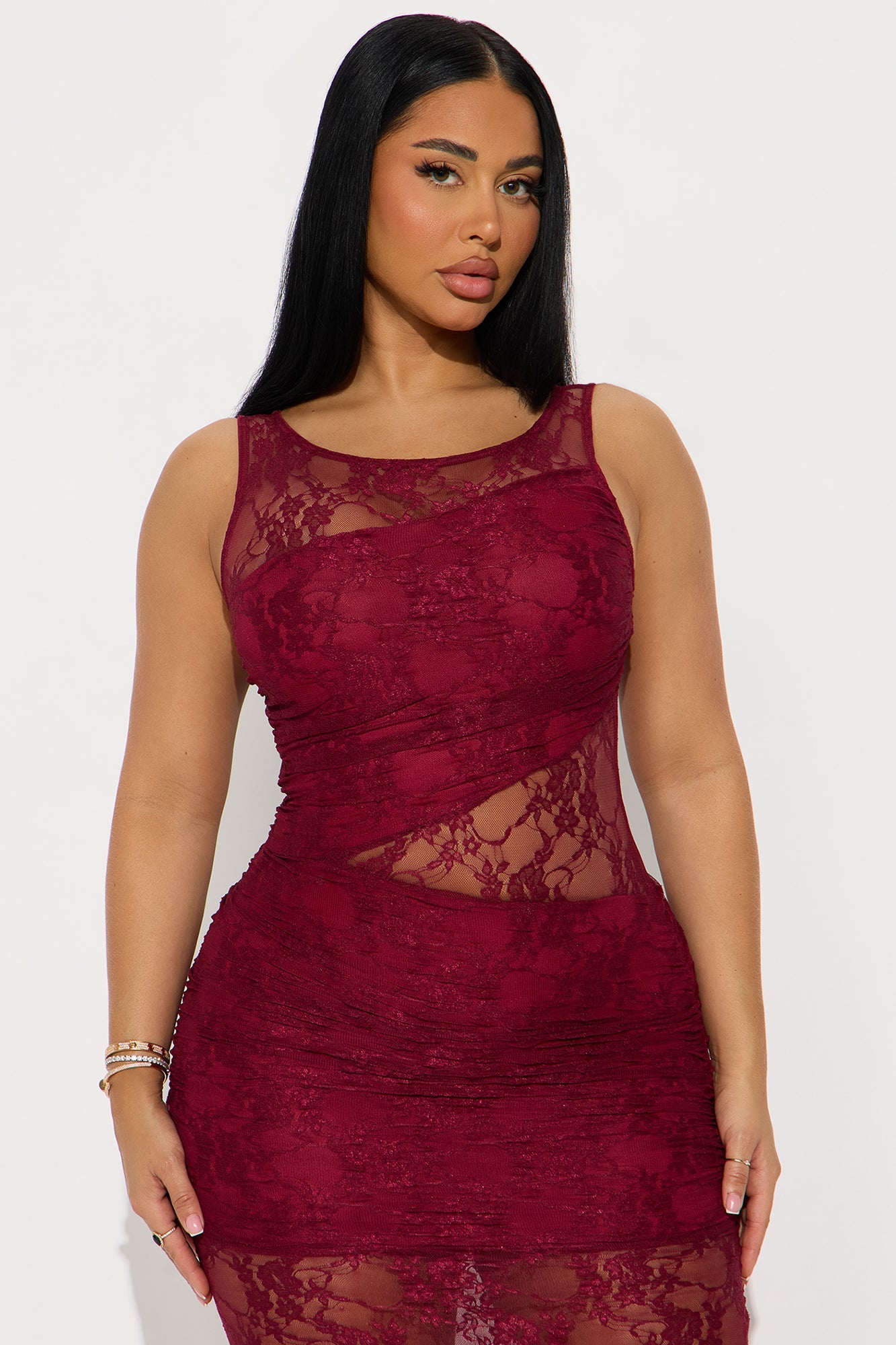 Barely There Sheer Lace Maxi Dress - Burgundy