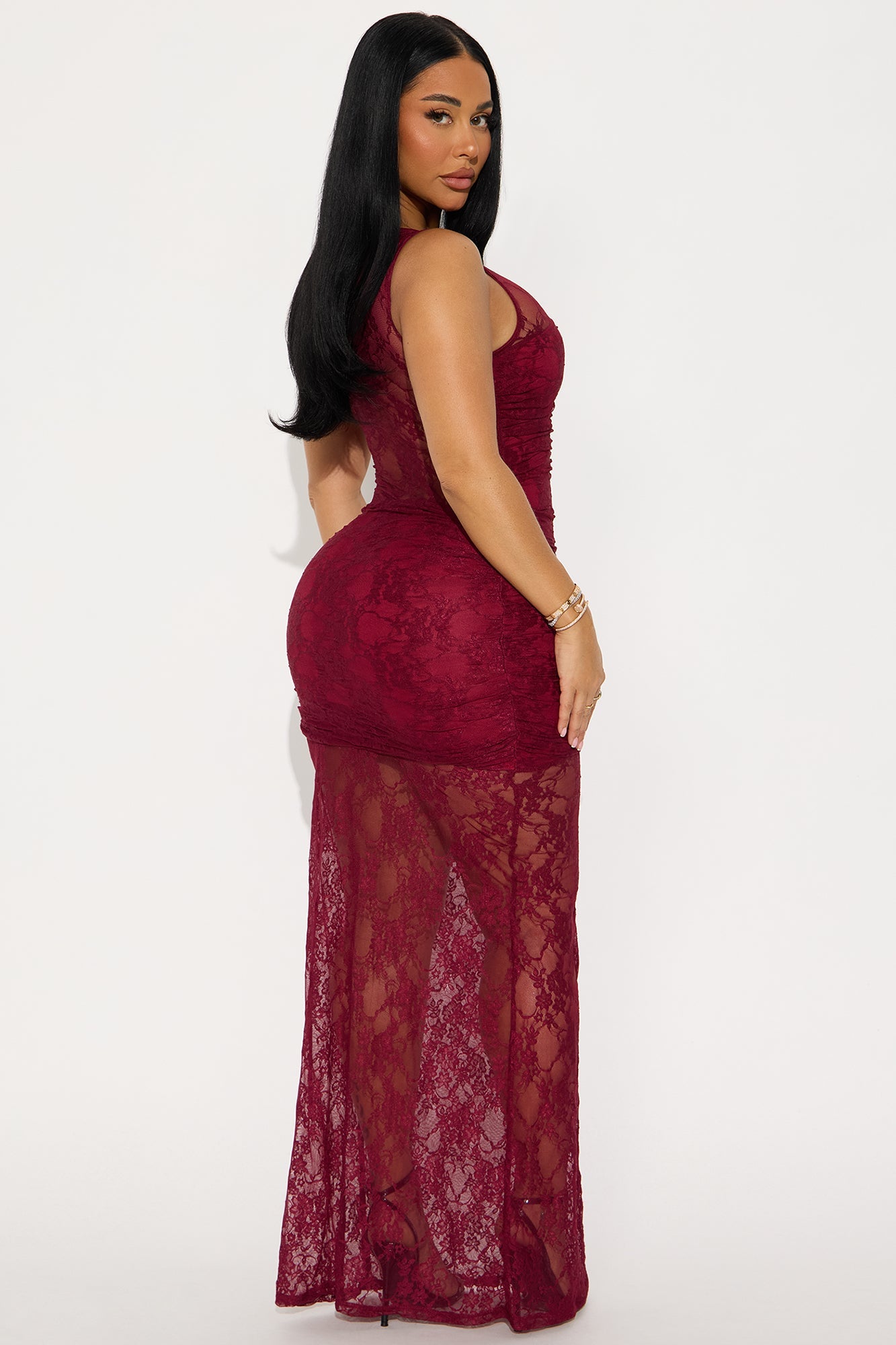 Barely There Sheer Lace Maxi Dress - Burgundy