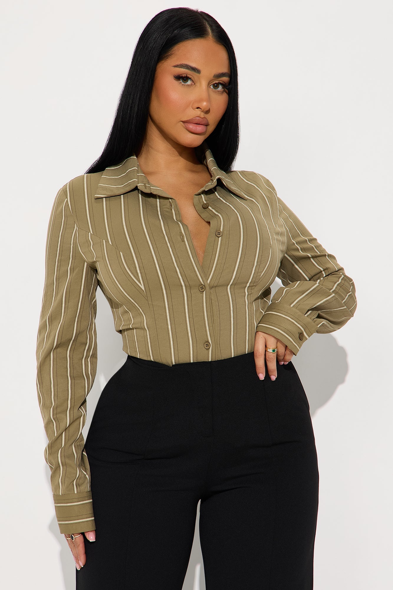 Messy Thoughts Pinstripe Shirt - Olive/combo