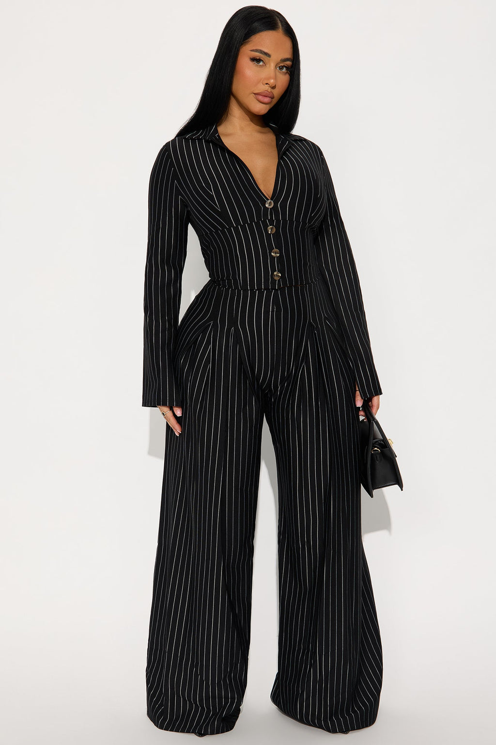 High Interest Pinstripe Pant Set - Black