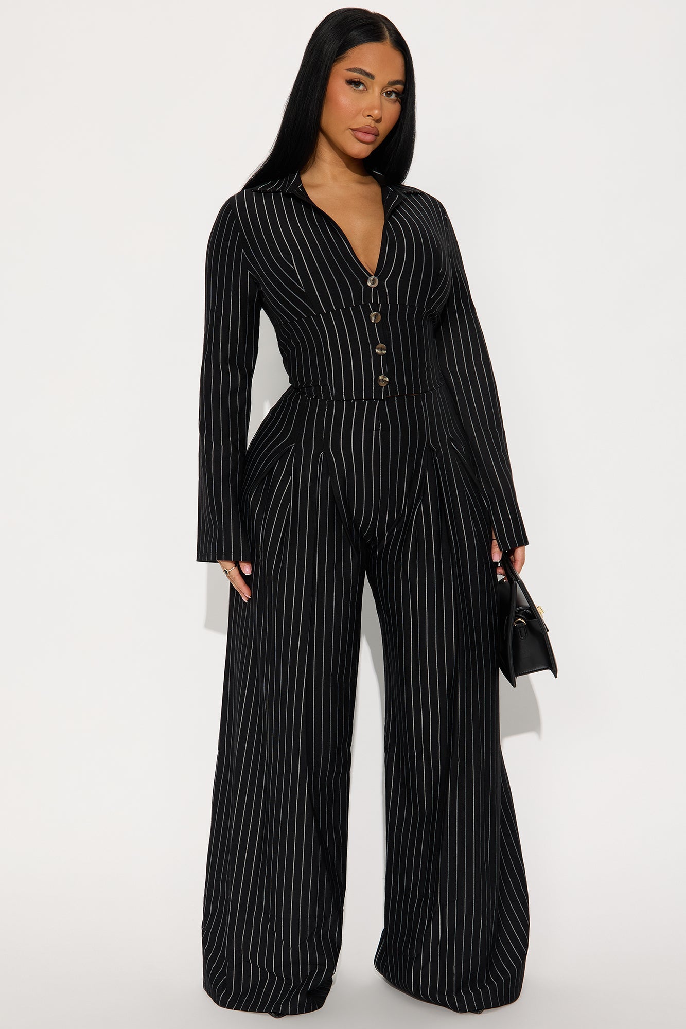 High Interest Pinstripe Pant Set - Black