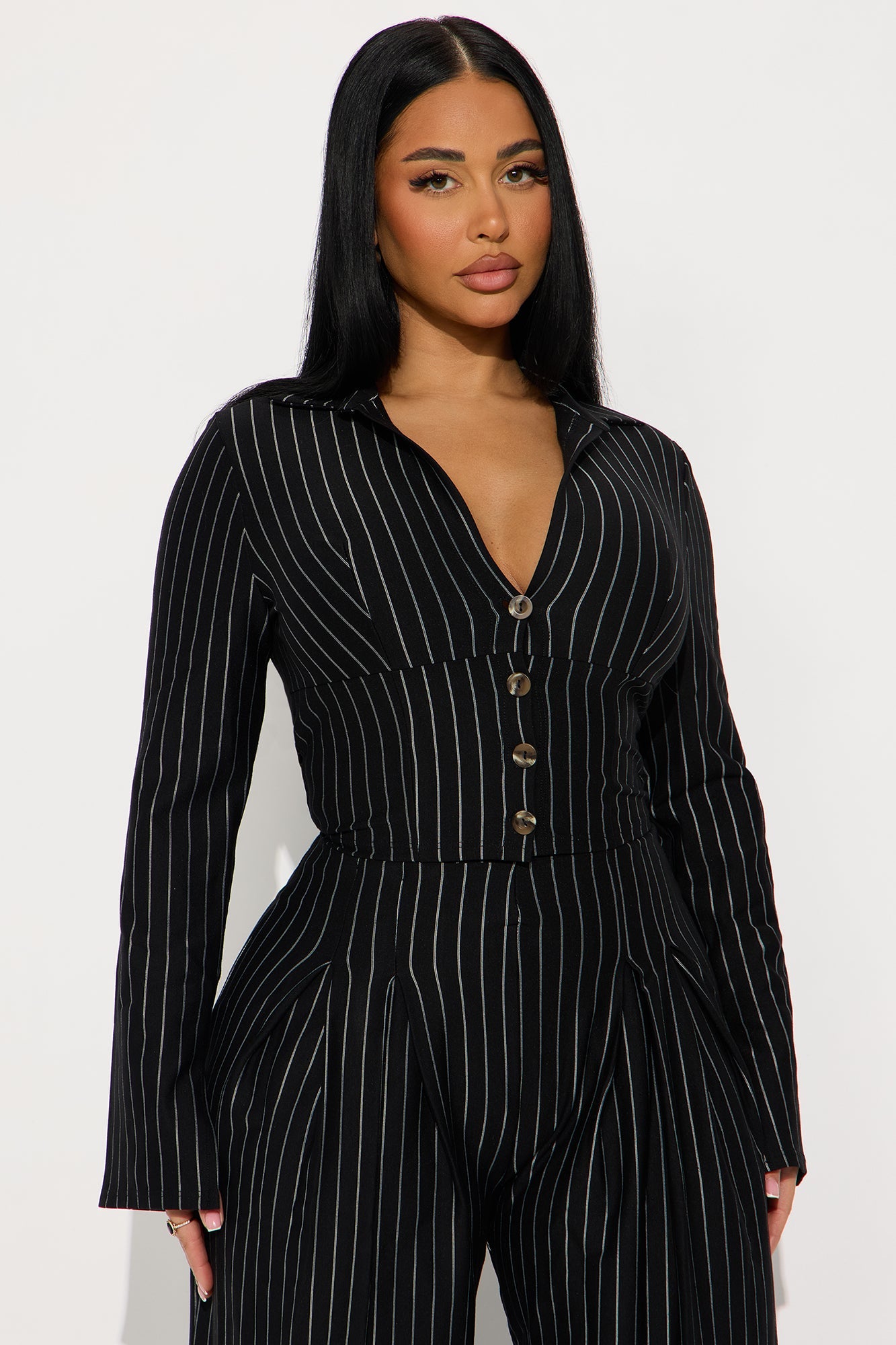 High Interest Pinstripe Pant Set - Black
